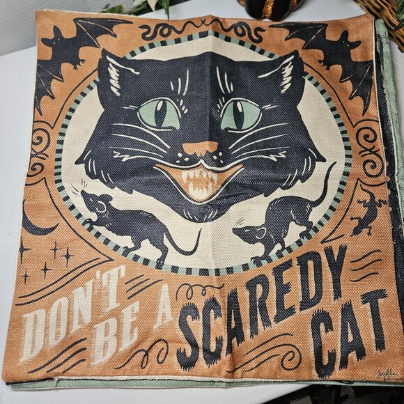 4 Retro Style Halloween Linen Pillow Covers 18x18 Cat Pumpkin Skeleton Bat Decor - Picture 15 of 16